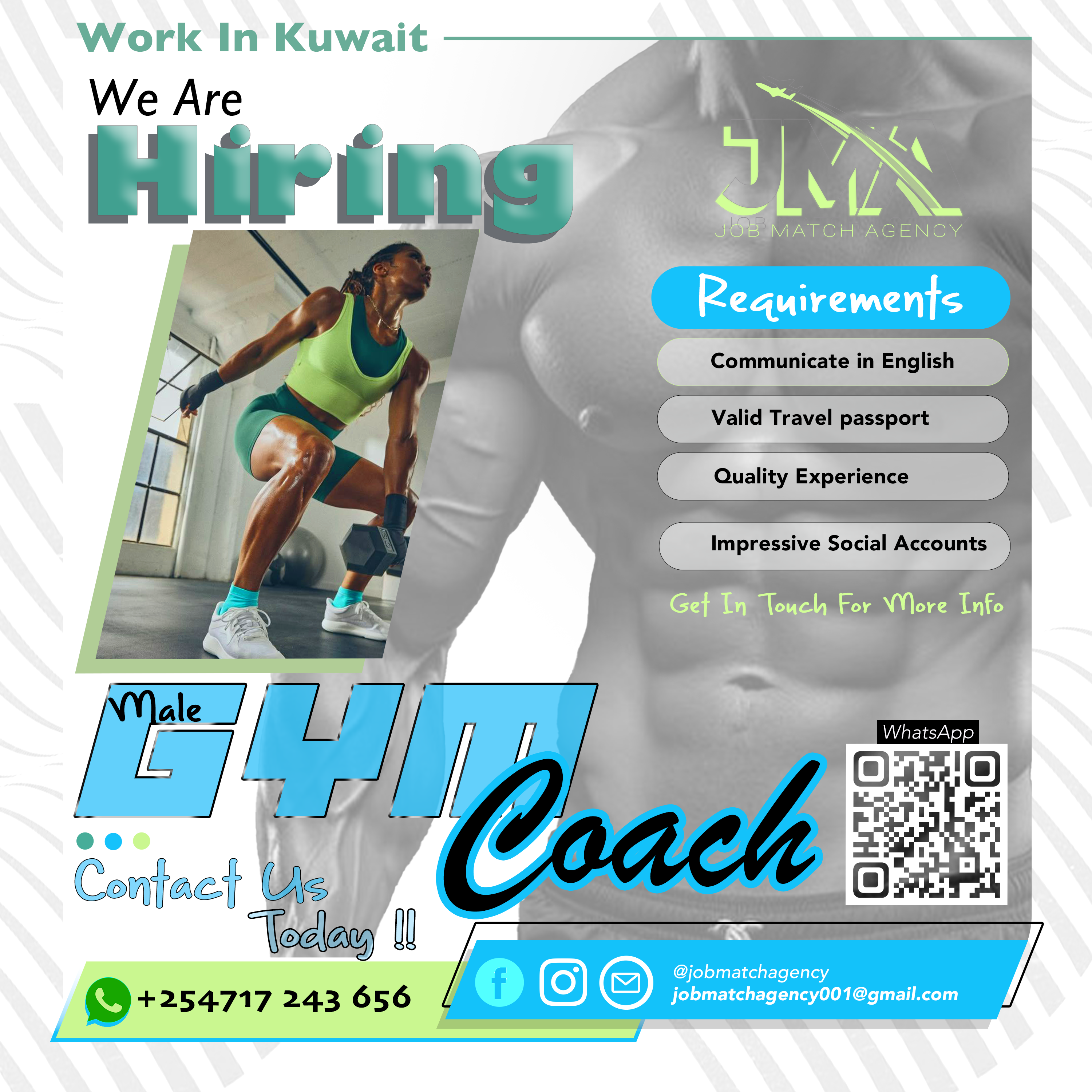 'Are you an Experienced GYM Coach? We are looking for you to work in Kuwait. Send Us your creditials alongside you videos of your work and social Accounts (if any).'